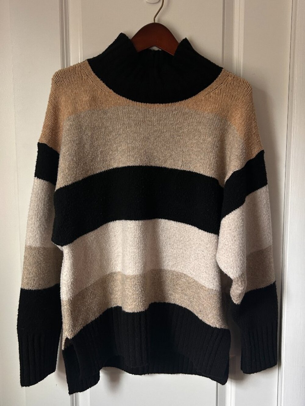 A New Day Camel Black Cream Striped Mock Neck Oversized Sweater Cozy Fall
